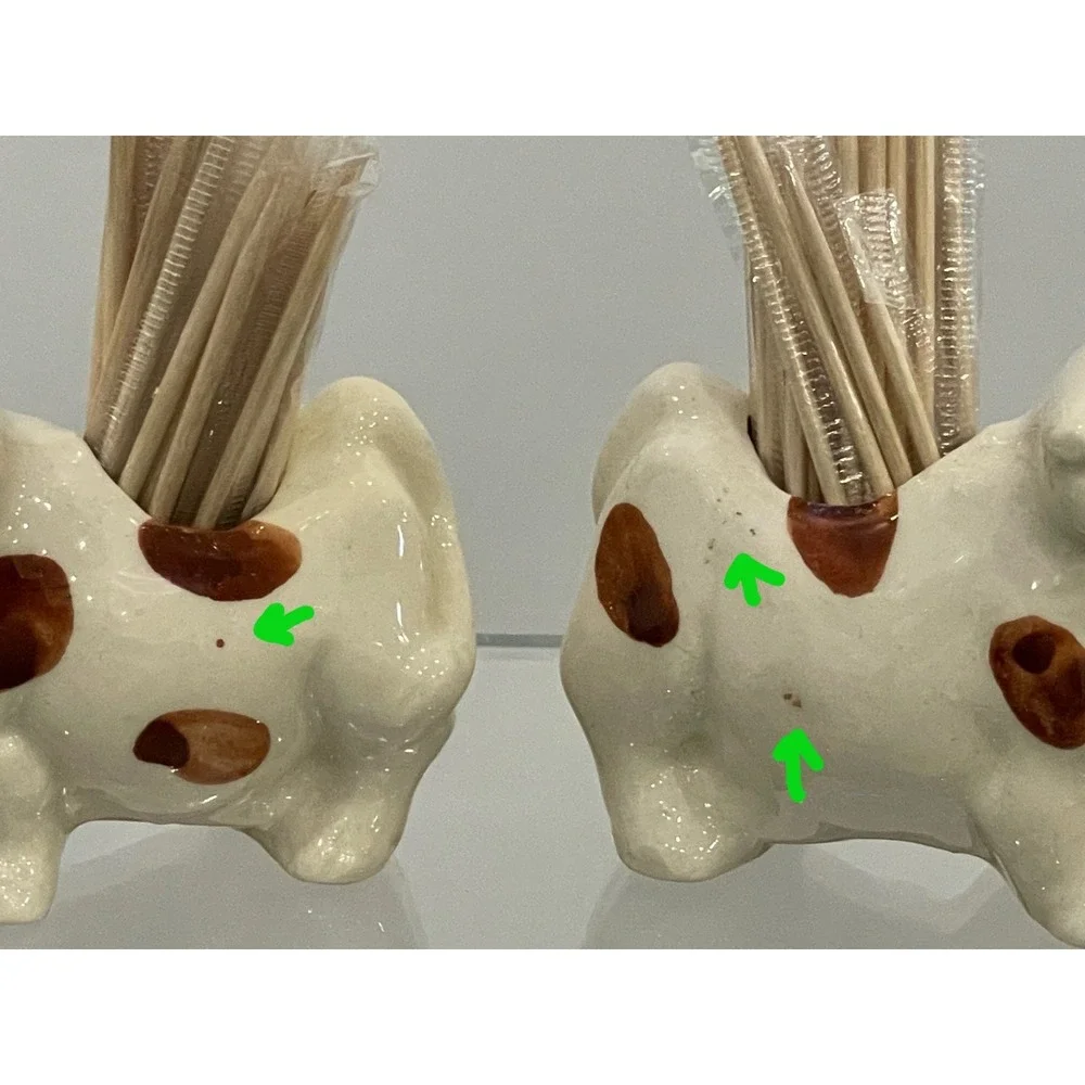 Cow Toothpick Holder Ceramic Vintage Set of 2 White Brown 3.25